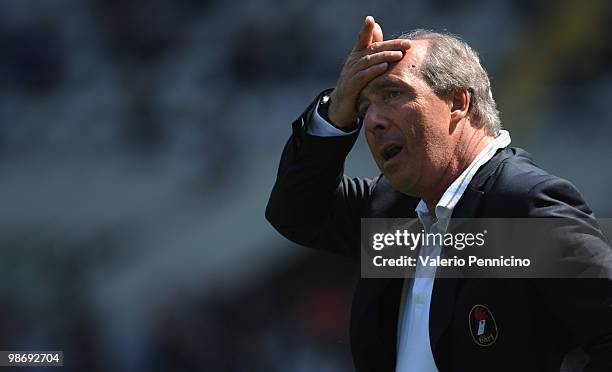 Bari head coach Giampiero Ventura gestures prior to the Serie A match between Juventus FC and AS Bari at Stadio Olimpico on April 25, 2010 in Turin,...