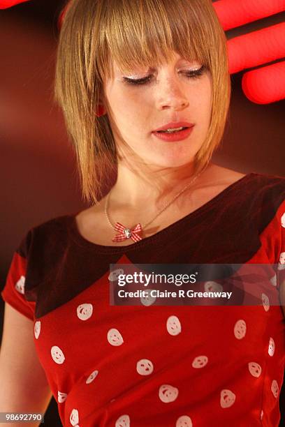 Lead vocalist Eva Spence of rock band Rolo Tomassi performs live on stage during a recording of the 'Evo Music Rooms' for Channel 4, in association...