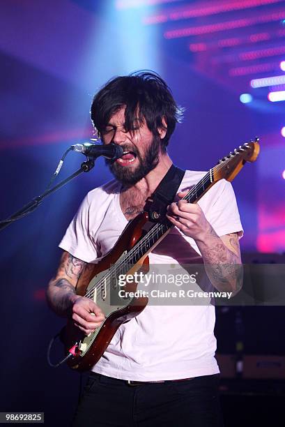 Lead vocalist Simon Neil of Scottish rock band Biffy Clyro performs live on stage during a recording of the 'Evo Music Rooms' for Channel 4, in...