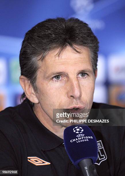 Lyon's football team's coach Claude Puel answers journalists' questions during a press conference on April 26, 2010 at the Gerland stadium in Lyon,...