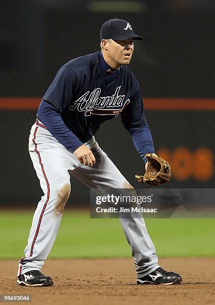 Chipper Jones of the Atlanta Braves plays third base against the New York Mets on April 25, 2010 at Citi Field in the Flushing neighborhood of the...