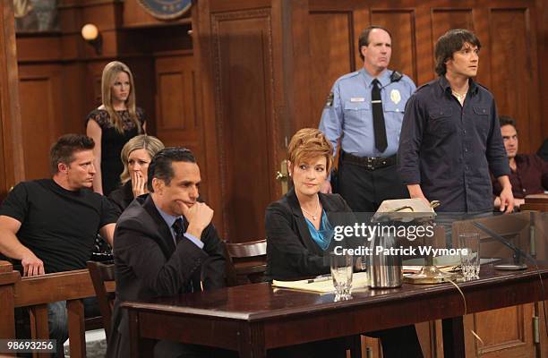 Steve Burton , Julie Berman , Laura Wright , Maurice Benard , Carolyn Hennesy , Extra, Dominic Zamprogna and Brandon Barash in a scene that airs the...