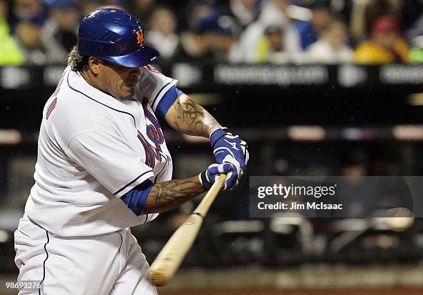 Henry Blanco of the New York Mets bats against the Atlanta Braves on April 25, 2010 at Citi Field in the Flushing neighborhood of the Queens borough...