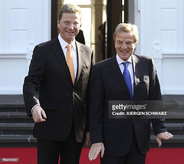 German Foreign Minister Guido Westerwelle welcomes hif French counterpart Bernard Kouchner on April 27, 2010 at the Villa Hammerschmidt in Bonn,...