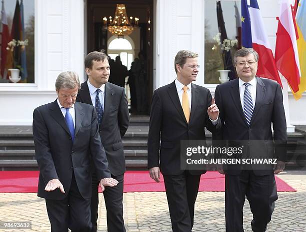 German Foreign Minister Guido Westerwelle welcomes his counterparts from Poland Radoslaw Sikorski , from France Bernard Kouchner and from the Ukraine...