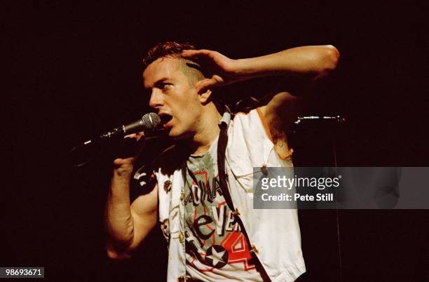 Joe Strummer of The Clash performs on stage at the Brixton Academy on March 8th, 1984 in London, England.