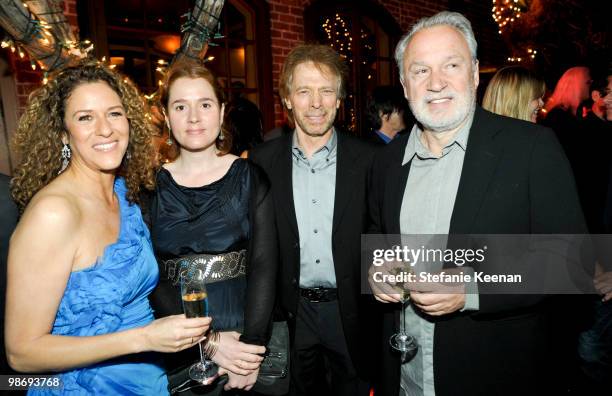 Francisca Moroder, Alexander Bruckheimer, Jerry Bruckheimer and Giorgio Moroder attend Giorgio Moroder's Surprise Birthday Party at Spago on April...