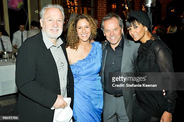 Giorgio Moroder, Francisca Moroder, Wolfgang Puck and Gelila Puck attend Giorgio Moroder's Surprise Birthday Party at Spago on April 26, 2010 in...