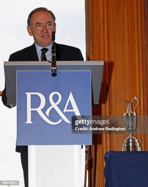 Peter Dawson, Chief Executive of the R&A, talks to the media during the Open Championship press conference on April 27, 2010 in St Andrews, Scotland.