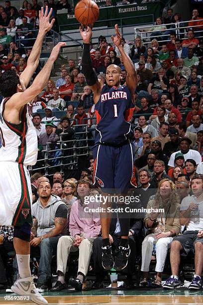 Maurice Evans of the Atlanta Hawks puts up a shot against the Milwaukee Bucks in Game Four of the Eastern Conference Quarterfinals during the 2010...