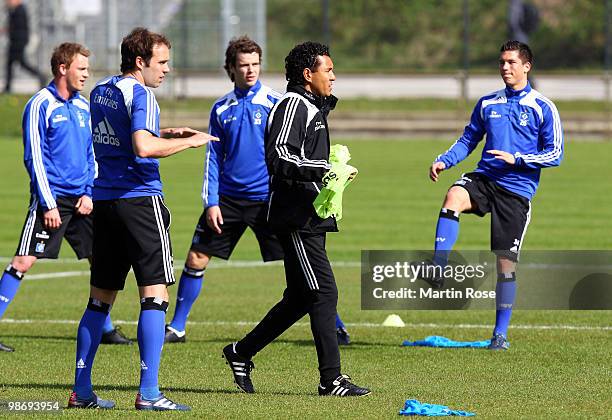 Ricardo Moniz, interim coach of Hamburg gives instructions during the Hamburger SV training session at HSH Nordbank Arena on April 27, 2010 in...