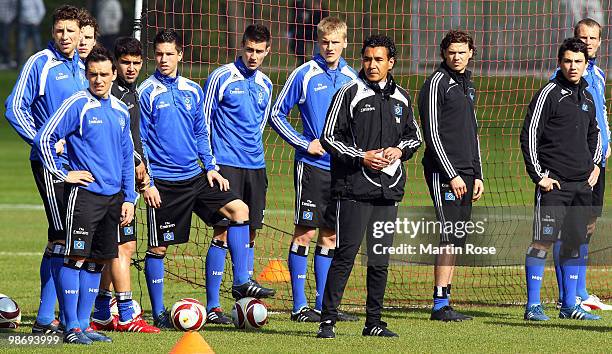 Ricardo Moniz, interim coach of Hamburg gives instructions during the Hamburger SV training session at HSH Nordbank Arena on April 27, 2010 in...