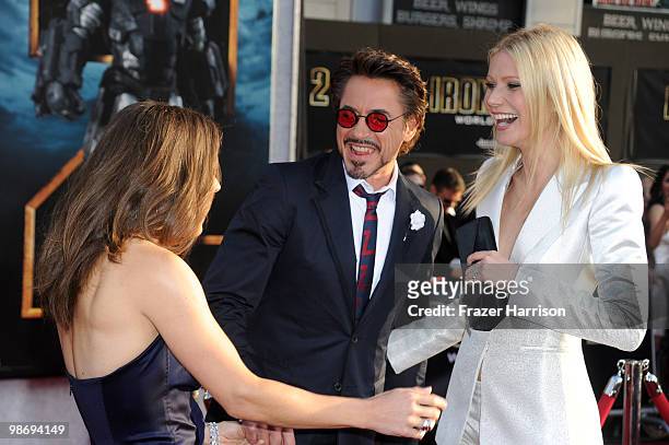 Susan Downey wife of actor Robert Downey Jr. Greets Gwyneth Paltrow at the world premiere of Paramount Pictures and Marvel Entertainment's 'Iron Man...