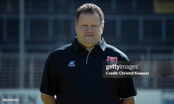 Kit manager Andreas Bosheck poses during the Team Presentation of KFC Uerdingen at Grotenburg Stadium on June 29, 2018 in Krefeld, Germany.