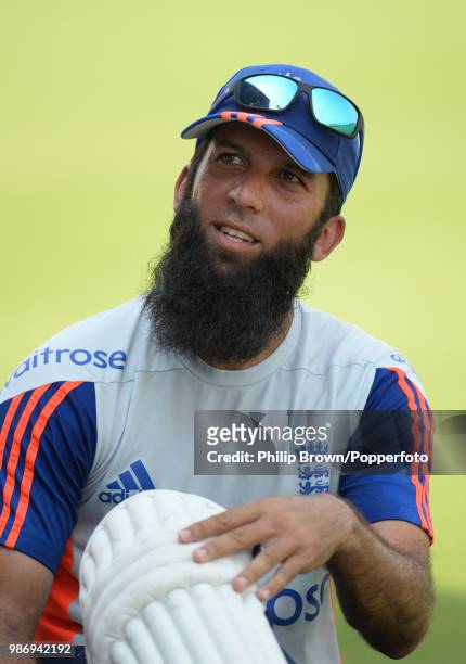 Moeen Ali of England gets ready for a training session before the 2nd Test match between Pakistan and England at the ICC Cricket Academy, Dubai, 20th...