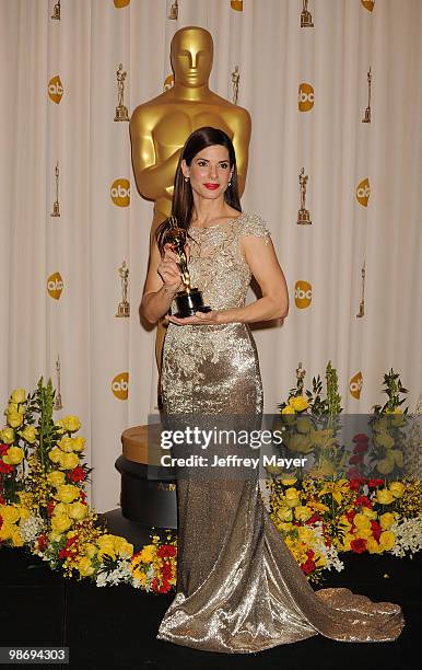 Actress Sandra Bullock and winner Best Actress award for "The Blind Side" poses in the press room at the 82nd Annual Academy Awards at the Kodak...