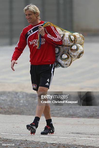 Sami Hyypiae of Leverkusen walks to the training session of Bayer Leverkusen at the training ground on April 27, 2010 in Leverkusen, Germany.