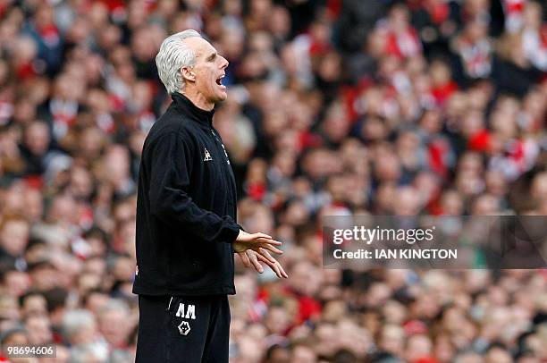 Wolverhampton Wanderers' Irish manager Mick McCarthy gestures during the English Premier League football match between Arsenal and Wolverhampton...