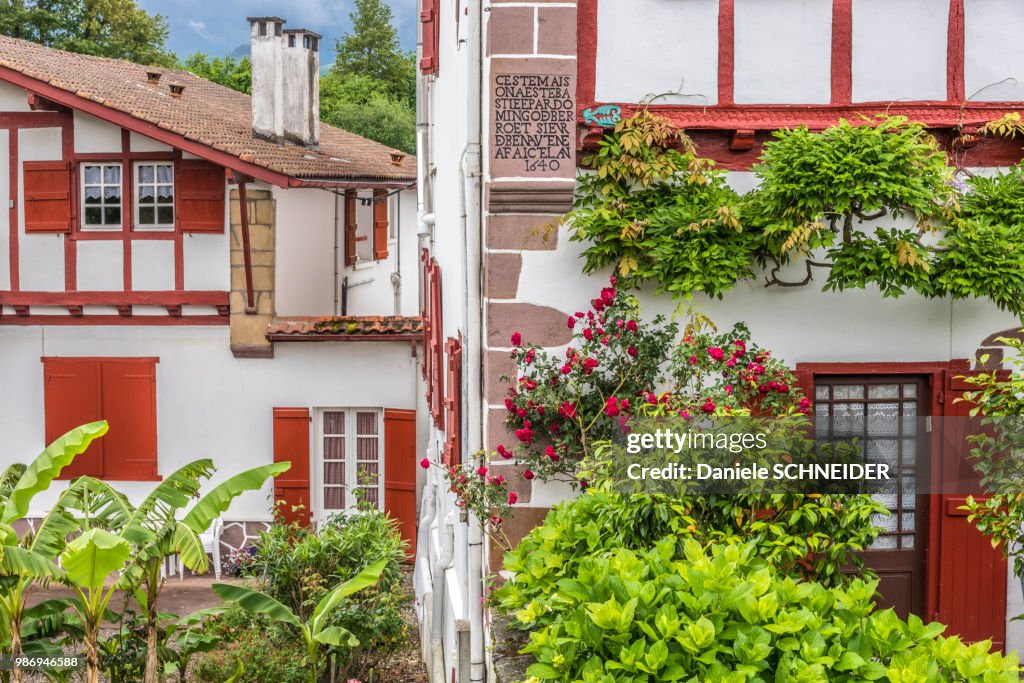 France, Pyrenees Atlantiques, Basque Country, Ainhoa, half-timbered houses (17th and 18th century), (labelled "Most Beautiful Village in France")