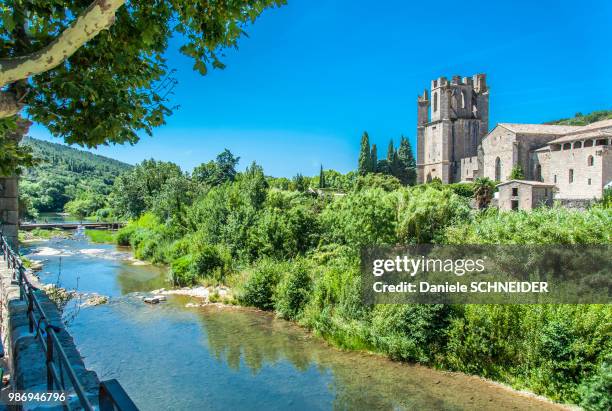 france, aude, lagrasse, sainte marie abbey on the shore of the river orbieu (labelled "most beautiful village in france") - corbieres stock pictures, royalty-free photos & images