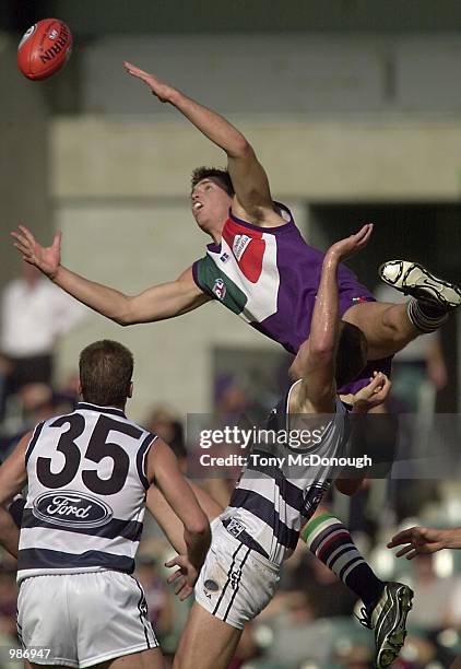 Paul Chapman for Geelong under Justin Longmuir for The Fremantle Dockers, in the match between The Fremantle Dockers and the Geelong Cats, during...