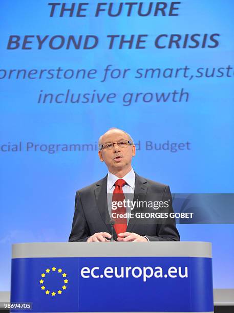 Budget Commissioner Janusz Lewandowski delivers a speech during a press conference on the 2011 Draft Budget on April 27, 2010 at the EU headquarters...