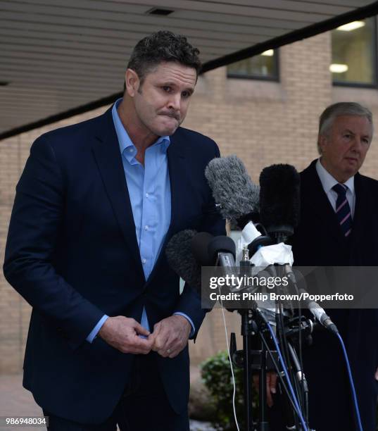 Former New Zealand cricketer Chris Cairns talks to the media after being found not guilty of perjury at Southwark Crown Court, London, 30th November...