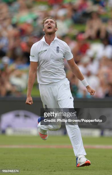 Stuart Broad of England celebrates after dismissing AB de Villiers of South Africa for 0 during the 3rd Test match between South Africa and England...