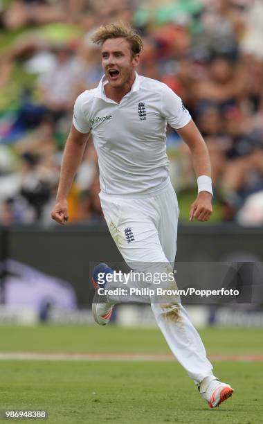 Stuart Broad of England celebrates after dismissing AB de Villiers of South Africa for 0 during the 3rd Test match between South Africa and England...