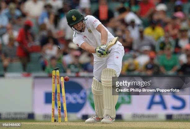 Chris Morris of South Africa is bowled by Ben Stokes of England for 1 run during the 3rd Test match between South Africa and England at the...