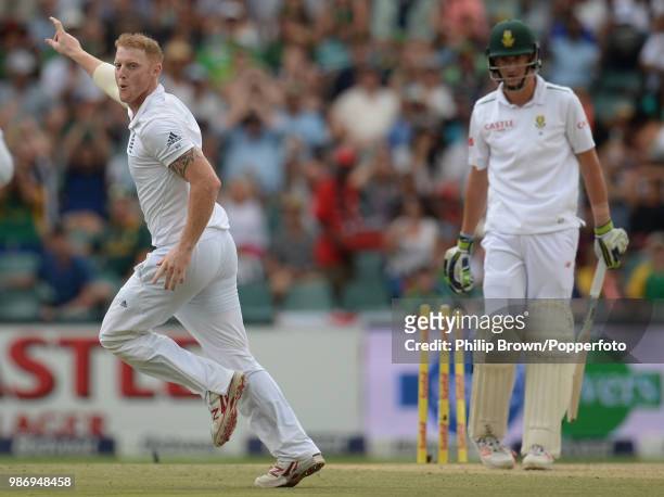 Ben Stokes of England celebrates after bowling Chris Morris of South Africa for 1 run during the 3rd Test match between South Africa and England at...