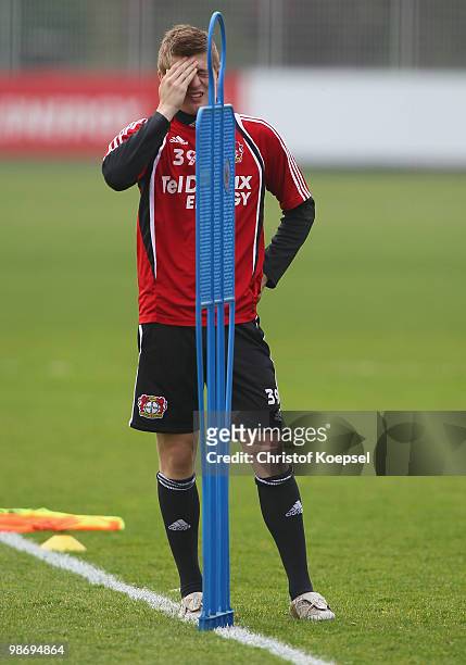 Toni Kroos looks thoughtful during the training session of Bayer Leverkusen at the training ground on April 27, 2010 in Leverkusen, Germany.