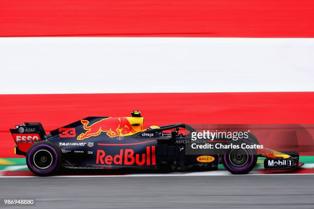 Max Verstappen of the Netherlands driving the Aston Martin Red Bull Racing RB14 TAG Heuer on track during practice for the Formula One Grand Prix of...