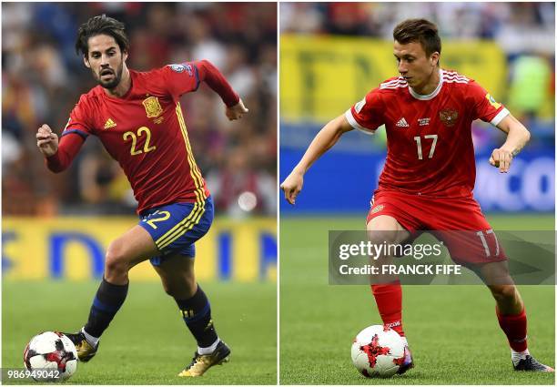 Combination made on June 29, 2018 shows Spain's midfielder Isco on November 11, 2017 in Malaga and Russia's midfielder Aleksandr Golovin on June 24,...