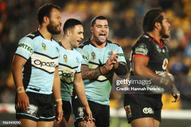 Andrew Fifita of the Sharks celebrates after winning the round 16 NRL match between the New Zealand Warriors and the Cronulla Sharks at Mt Smart...