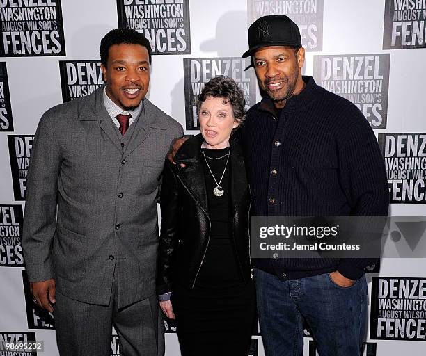 Actor Russell Hornsby, producer Carole Shorenstein Hays and actor Denzel Washington pose for photos at the Broadway Opening Night After Party for...