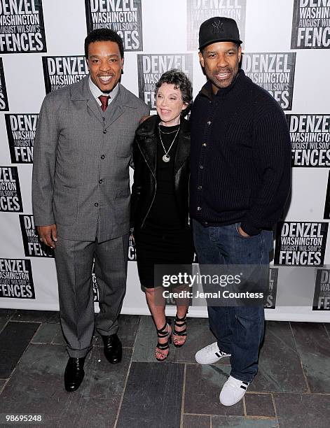 Actor Russell Hornsby, producer Carole Shorenstein Hays and actor Denzel Washington pose for photos at the Broadway Opening Night After Party for...