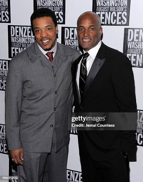 Actors Russell Hornsby and director Kenny Leon pose for photos at the Broadway Opening Night After Party for "Fences" at the Bryant Park Hotel on...
