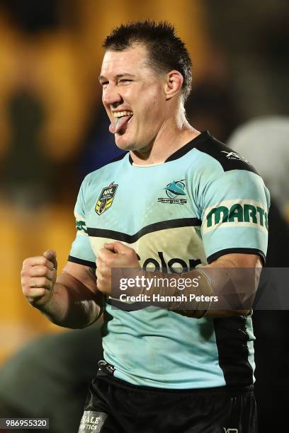 Paul Gallen of the Sharks celebrates after winning the round 16 NRL match between the New Zealand Warriors and the Cronulla Sharks at Mt Smart...