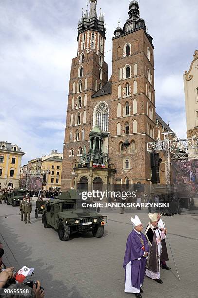 Photo taken on April 18, 2010 shows members of the clergy leading the march from the Gothic Basilica of Our Lady to Wawel Castle in Krakow during the...