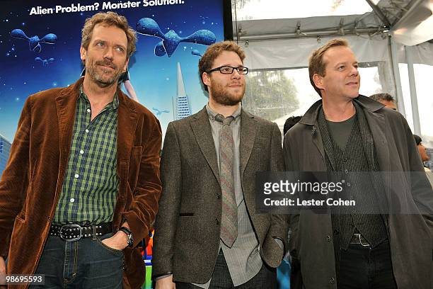 Actors Hugh Laurie, Seth Rogen and Kiefer Sutherland arrive at the premiere of "Monsters vs. Aliens" held at the Gibson Amphitheatre on March 22,...