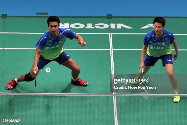 Tontowi Ahmad and Liliyana Natsir of Indonesia in action during Celcom Axiata Badminton Malaysia Open 2018 at Bukit Jalil Stadium, Kuala Lumpur on...