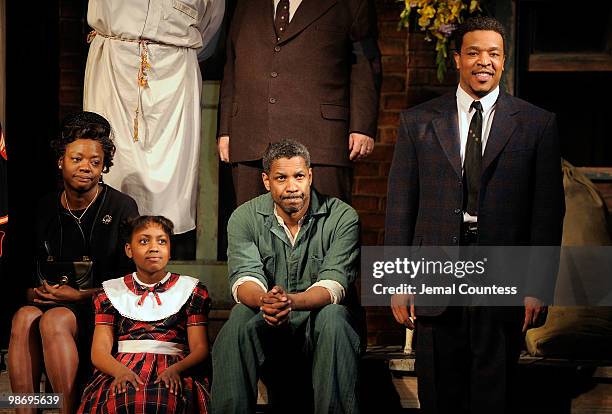 Actors Viola Davis, SaCha Stewart-Coleman, Denzel Washington and Russell Hornsby onstage during the curtain call for the Broadway Opening of "Fences"...