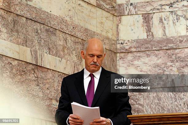 George Papandreou, Greece's prime minister, speaks to members of the Greek parliament at the Senate Hall in Athens, Greece, on Tuesday, April 27,...