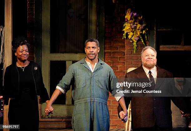 Actors Viola Davis, Denzel Washington and Stephen McKinley Henderson take a bow during the curtain call for the Broadway Opening of "Fences" at the...