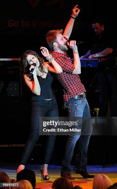 Hillary Scott and Charles Kelley of the band Lady Antebellum perform during the Academy of Country Music all-star concert at the Fremont Street...