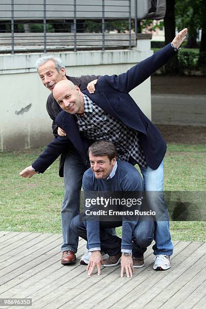 Aldo Baglio, Giovanni Storti and Giacomo Poretti attend the 'Oceani 3D' photocall at La Casa Del Cinema on April 27, 2010 in Rome, Italy.