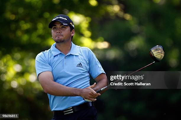 Jason Day hits a shot during the first round of the Verizon Heritage at the Harbour Town Golf Links on April 15, 2010 in Hilton Head lsland, South...