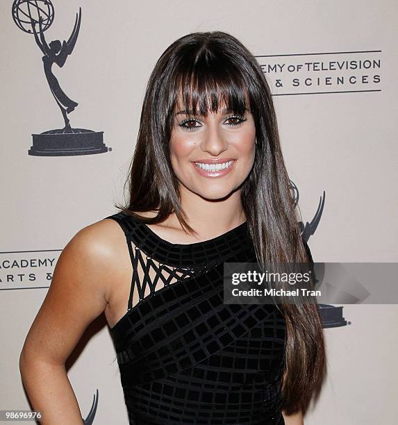 Lea Michele arrives to the Academy Of Television Arts & Sciences' an evening with "GLEE" held at Leonard H. Goldenson Theatre on April 26, 2010 in...