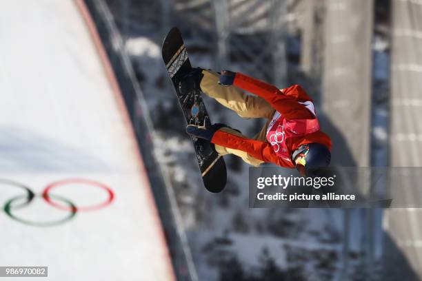 Seppe Smits from Belgium in action during the men's big air snowboarding event of the 2018 Winter Olympics in the Alpensia Ski Jumping Centre in...